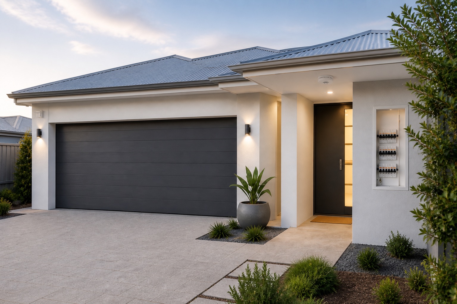 Modern Perth home with garage door, smoke alarm and switchboard