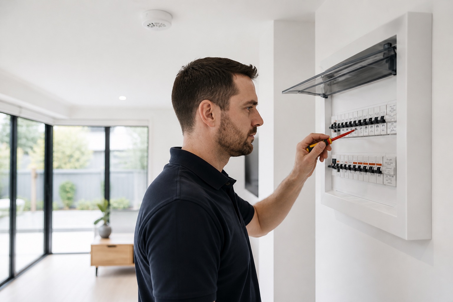 Property compliance technician inspecting a residential switchboard